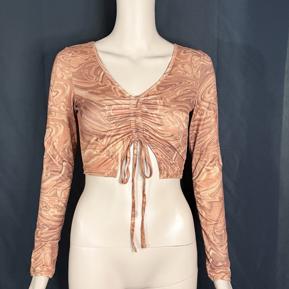 Shein Unity Orange & Brown Marble Print Long Sleeve Adj Tie Front Crop Top Sz S